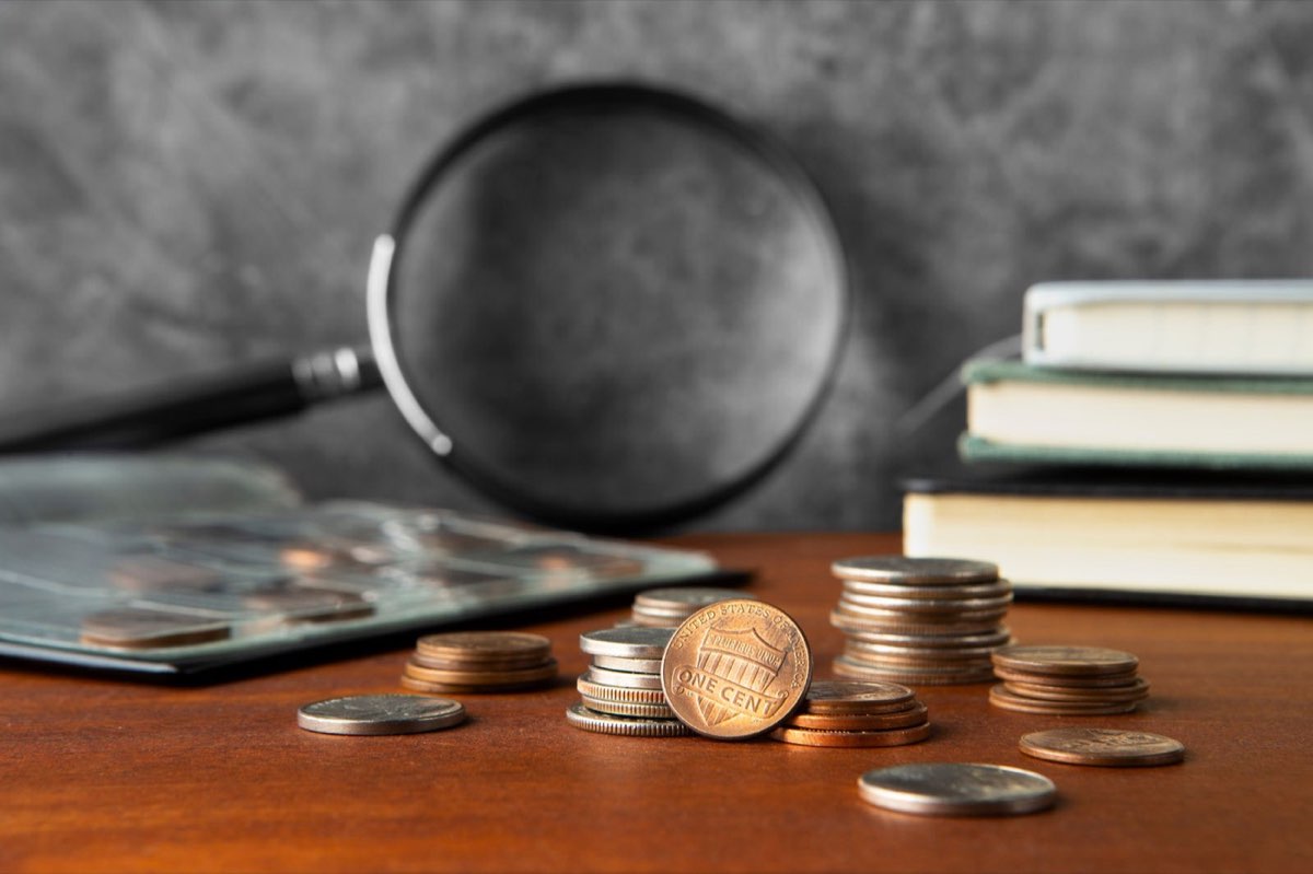 Magnifying glass over coins