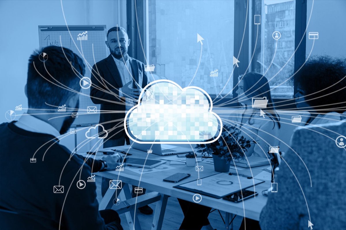 Team collaborating on cloud services