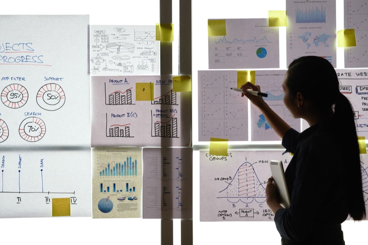 Consultant mapping a strategy on a wall of notes